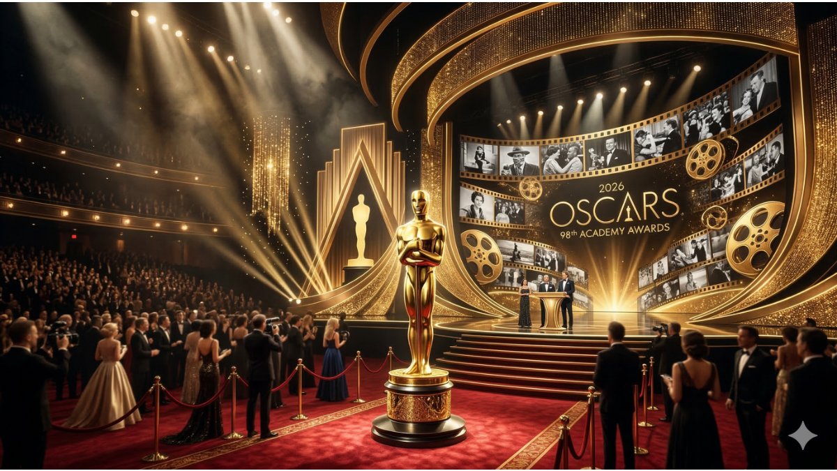 Oscar history and Oscars 2026 winners golden award stage banner